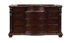 1pc Marble Top 11 Drawers Dresser Intricate Moldings Beautifully Curved Silhouette Brown Dark Cherry Finish Bedroom Solid Wood Furniture
