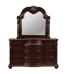1pc Marble Top 11 Drawers Dresser Intricate Moldings Beautifully Curved Silhouette Brown Dark Cherry Finish Bedroom Solid Wood Furniture