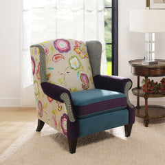 Anya Boho Chic Wingback Accent Arm Chair, Floral & Leopard, Blue-Teal & Purple Velvet