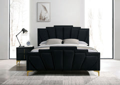 Glam Classic Black Flannelette Fully Upholstered Queen Size Bed Shell Tufting Padded HB 1pc Bedframe
