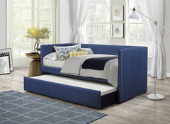 Blue Fabric Upholstered 1pc Day Bed with Pull-out Trundle Nailhead Trim Wood Frame Furniture