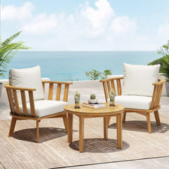 3-Piece Patio Furniture Set, Outdoor Acacia Wood Patio Club Chair with Table, Wooden Patio Furniture,Waterproof Thick Cushion Deep Seating for Porch, Garden, Backyard, Balcony, Teak Finish, White