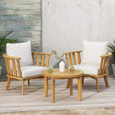 3-Piece Patio Furniture Set, Outdoor Acacia Wood Patio Club Chair with Table, Wooden Patio Furniture,Waterproof Thick Cushion Deep Seating for Porch, Garden, Backyard, Balcony, Teak Finish, White