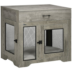 PawHut Dog Crate Furniture with Soft Water-Resistant Cushion, Dog Crate End Table with Drawer, Puppy Crate for Small Dogs Indoor with 2 Doors, Grey