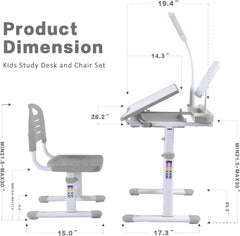 Desk for Kids Desk and Chair Set Kids Art Desk Drafting Table Desk Set with Adjustable Height, 40-Degree Tiltable Children Desktop, LED Light, Bookstand, Gray