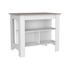 Kitchen Island, Kitchen Table 35" H, Three Open Storage Shelves, Four Legs, White / Light Gray