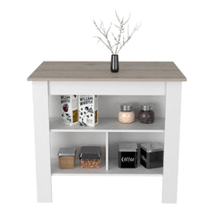 Kitchen Island, Kitchen Table 35" H, Three Open Storage Shelves, Four Legs, White / Light Gray