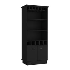 Bar Cabinet 70"H with Wine Rack, Upper Glass Cabinet, three Open Storage Shelves and One Cabinet,Black