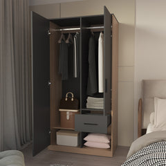 Lugoff Wardrobe with Two Doors and One Drawer, Matt Grey and Natural Oak