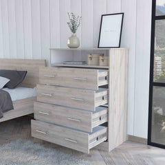 Lagos Four Drawer Dresser, One Shelf, Superior Top, Light Grey and White