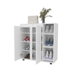 Gitano Shoe Storage Cabinet, 2 Doors, 8 Enclosed Shelves, 3 Open Side Shelves, Freestanding Design, Entryway or Bedroom Use, White