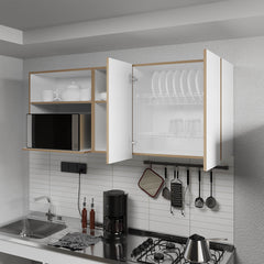 Wall-Mounted Kitchen Cabinet with Microwave Space, Open Shelves, and Double Doors – Natural Oak and White