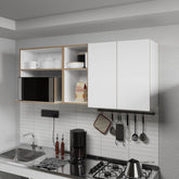 Wall-Mounted Kitchen Cabinet with Microwave Space, Open Shelves, and Double Doors – Natural Oak and White
