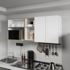 Wall-Mounted Kitchen Cabinet with Microwave Space, Open Shelves, and Double Doors – Natural Oak and White