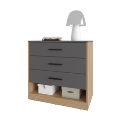 Lowrys Dresser with 3 Drawers and Open Shelf, Natural Oak and Matt Grey