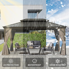 12' X 16' Hardtop Gazebo, Upgraded Metal Gazebo with Drainage System, Dual-Layer Galvanized Steel Roof, Curtain and Netting, Outdoor Shelter Canopy for Patio, Garden, and Backyard, Brown