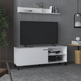 Living Room Set,, Tv Stand + Wall Shelf, 1 Door, 3 Shelves, White