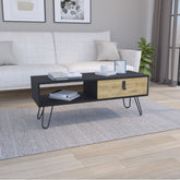 15" H rectangular white / macadamia coffee table, 4 vintage metal legs, 1 vertical divider for designer books, and 1 drawer for storing small things.