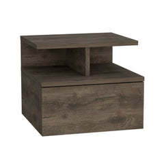 Floating Nightstand 12"H, Wall Mounted with Single Drawer and 2-Tier Shelf, Dark Walnut