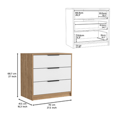 Dresser 27 inchH, 3 Drawers Dresser, Superior Top, White / Light Oak