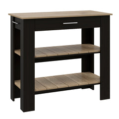 Kitchen Island 37" H, Two Open Storage Shelves, One Drawer, Four Legs,Towel Hanger, Black / Light Oak