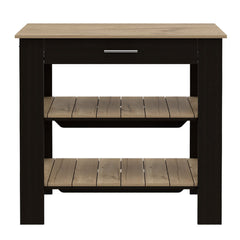 Kitchen Island 37" H, Two Open Storage Shelves, One Drawer, Four Legs,Towel Hanger, Black / Light Oak