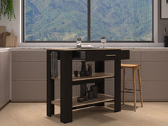 Kitchen Island 37" H, Two Open Storage Shelves, One Drawer, Four Legs,Towel Hanger, Black / Light Oak
