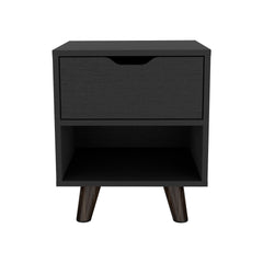 Modern Nightstand 19"H with Spacious Drawer, Open Storage Shelf and Chic Wooden Legs, Black