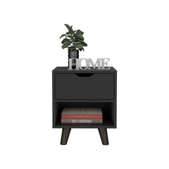 Modern Nightstand 19"H with Spacious Drawer, Open Storage Shelf and Chic Wooden Legs, Black