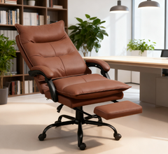 Luxurious Brown Leather Office Recliner Chair with Footrest - Adjustable& Perfect for Home Office Relaxation