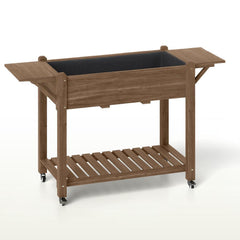 Convenient Elevated Garden Bed,Wood Raised Planter Box,with Lockable Wheels,Side Tables,Bottom Shelf,Drain Holes
