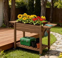 Convenient Elevated Garden Bed,Wood Raised Planter Box,with Lockable Wheels,Side Tables,Bottom Shelf,Drain Holes
