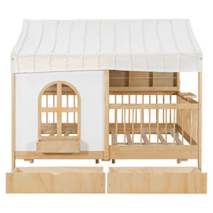 Full Size House Bed with 2 Large Drawers, Side Bookshelf with LED Strip, Natural