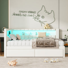 Upholstered Twin Size Platform Bed with USB Ports and LED Belt, With 2 Drawers, White