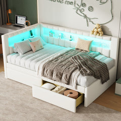 Upholstered Twin Size Platform Bed with USB Ports and LED Belt, With 2 Drawers, White