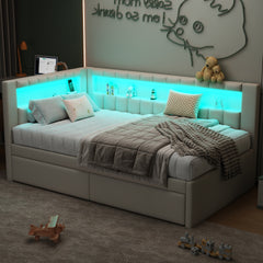 Upholstered Twin Size Platform Bed with USB Ports and LED Belt, With 2 Drawers, White