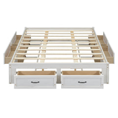 Queen Size Platform Bed with 6 Storage Drawers, Antique White