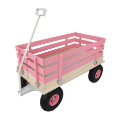 Pink Wooden Kids Pull Wagon with Removable Side Rails & All Terrain Wheels, Heavy Duty Outdoor Garden Cart for Toddlers, Portable Toy Wagon for Beach, Camping & Backyard Play