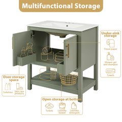 30-Inch Green Bathroom Vanity with Ceramic Sink and Versatile Storage - Ideal for Small Bathrooms