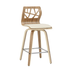Folia Mid-Century Modern Counter Stool in Zebra Wood and Cream Faux Leather by LumiSource - Set of 2