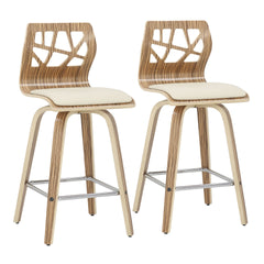 Folia Mid-Century Modern Counter Stool in Zebra Wood and Cream Faux Leather by LumiSource - Set of 2