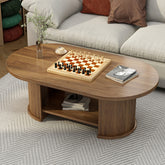 Oval Fluted Coffee Table, 47" Farmhouse Wood Coffee Table, Mid-Century 2-Tier Coffee Table with Storage Shelf, Accent Center Table with Dual Base, Boho Living Room Tables for Living Room Office,Walnut