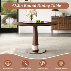 47 Inch Solid Wood Dining Table with 23 Inch Tempered Glass Lazy Susan, Stainless Steel Base Round Kitchen Table Retro Fashion Home Restaurant Office Table
