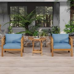 Patio Conversation Set, Outdoor Wood Conversation Seat(Set of 2),Armchair with Cushions,Foldable Acacia Wood Side Table,Teak Finish,Blue cushion