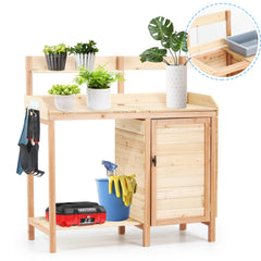 Outdoor Wooden Potting Bench Table with Sink, Garden Table Work Bench with Storage, Workstation for Outside Patio Lawn