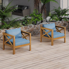 Outdoor Acacia Wood Club Wooden Armchair with Cushions (Set of 2), Conversation Set,Teak Finish,Blue cushion