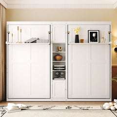 Dual Twin size Wall Murphy Beds with Cabinets and Shelves, White(OLD SKU:N820S00058K)