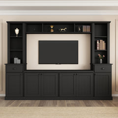 Minimalist Entertainment Wall Unit Set with Bridge for TVs Up to 75'', Ample Storage Space TV Stand with Adjustable Shelves, Modernist Large Media Console for Living Room, Black (OLD SKU: SD000031AAB)