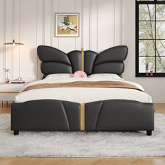 Queen Size Upholstered PU Leather Bed Frame, with Butterfly Shaped Headboard and Footboard, Platform Bed Frame with Gold Metal decorations, No Box Spring Needed, Black