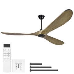 72" Large Size Solid Wood Ceiling Fan without Lights with Remote Control and Wall Switch, Indoor Outdoor Ceiling Fan no Light for Patio,Indoor,Living Room,Bedroom,Farmhouse--Ash Brown